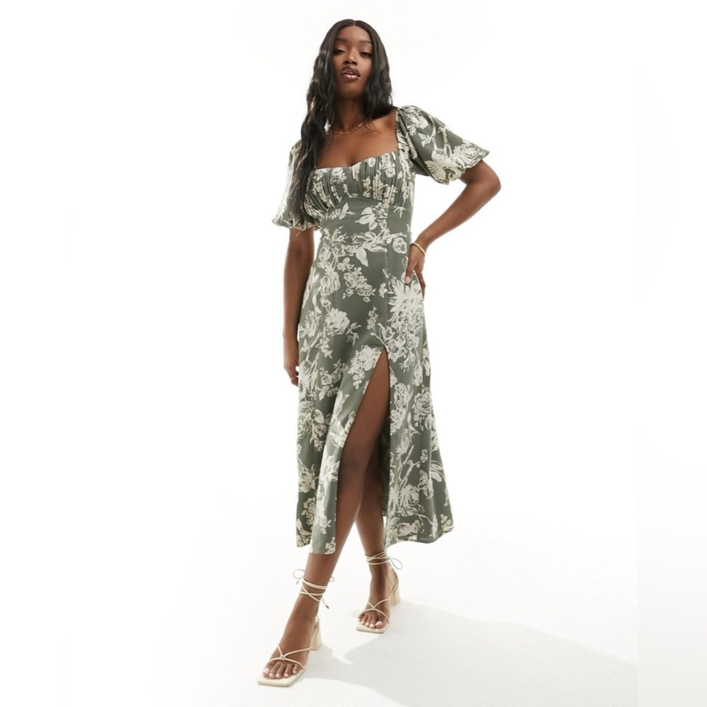 Abercrombie & Fitch Puff Sleeve Midi Dress Slit Floral Green